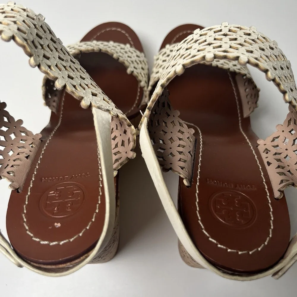 Tory Burch Wedge Sandals Womens 11M White Floral Laser Cut Cork Platform Summer